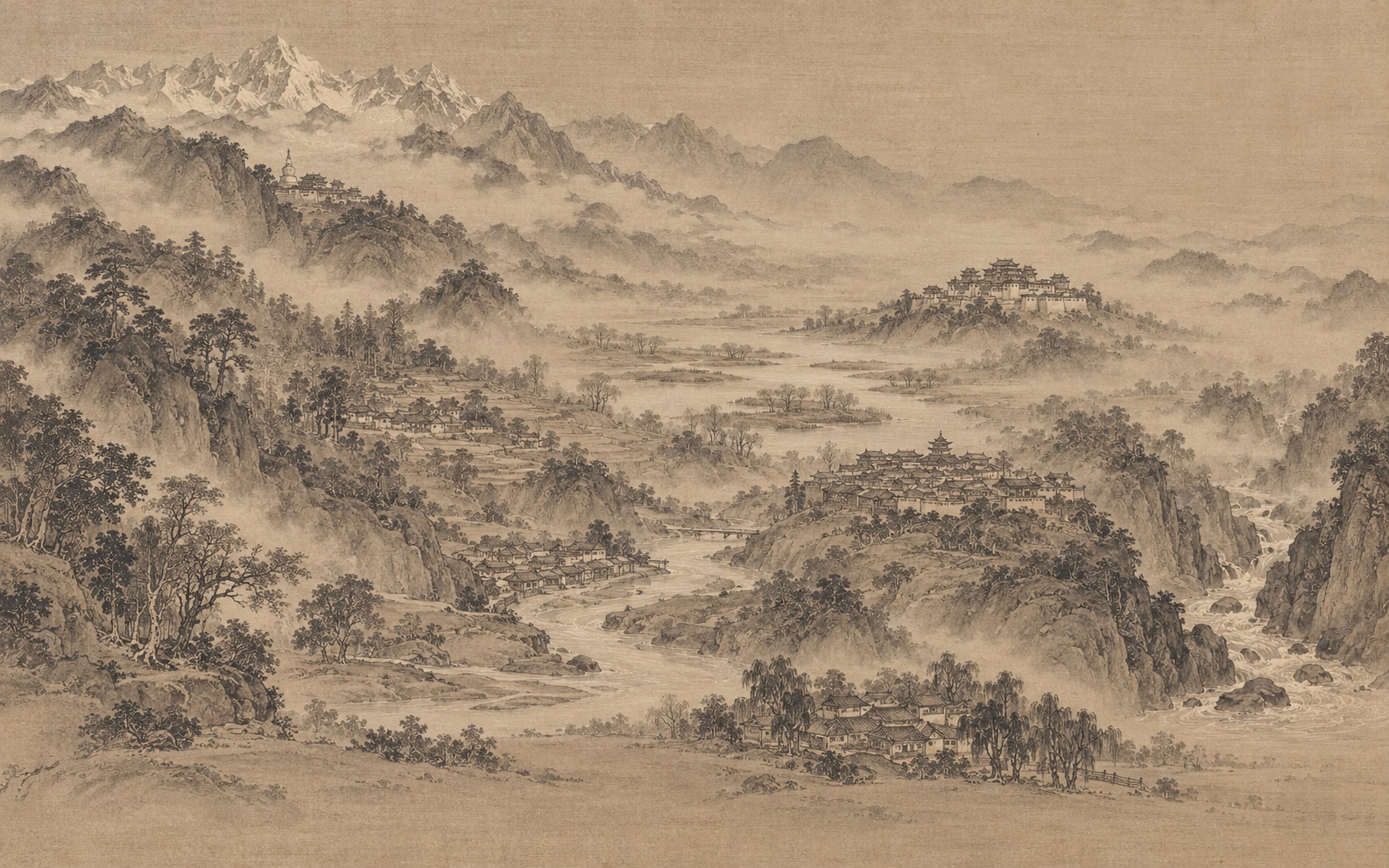 淡墨山水中的香格里拉群山与旅途